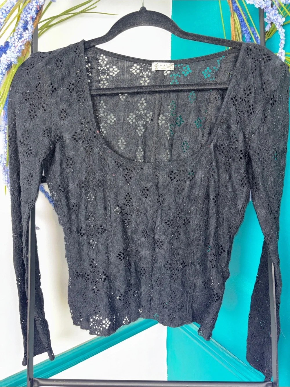 Free People Black Crochet Long Sleeve Top